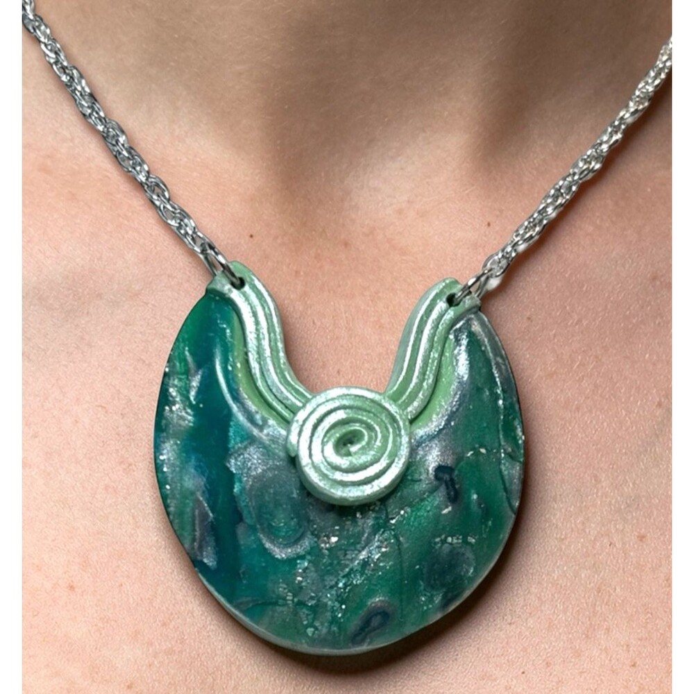 Artisan Green & Blue Large Polymer Clay Pendant Necklace on 18" SS Cable Chain